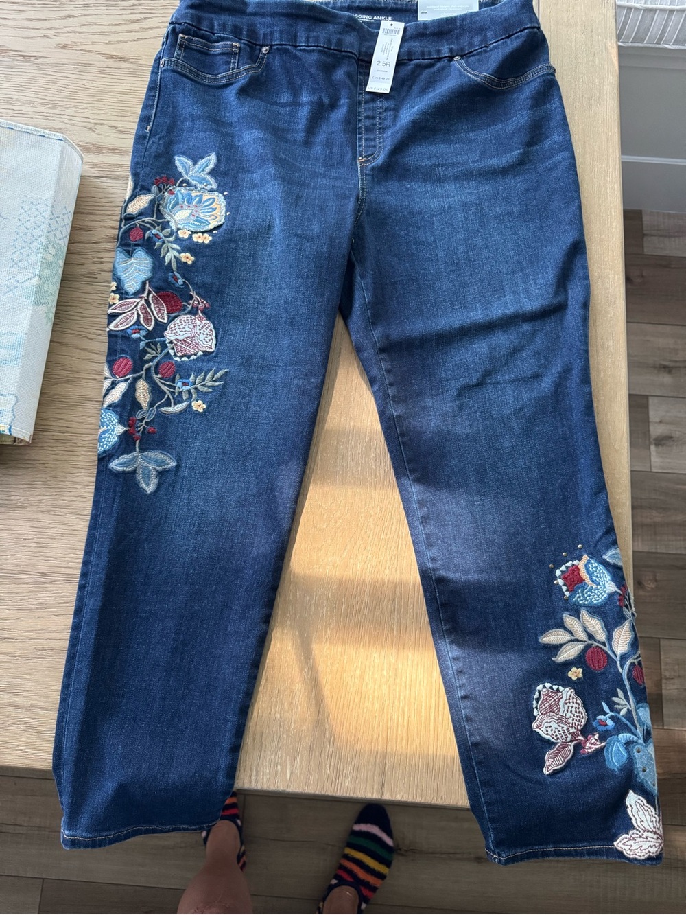 Chico's Dark Blue Embroidered Jeggings with Floral Detail
